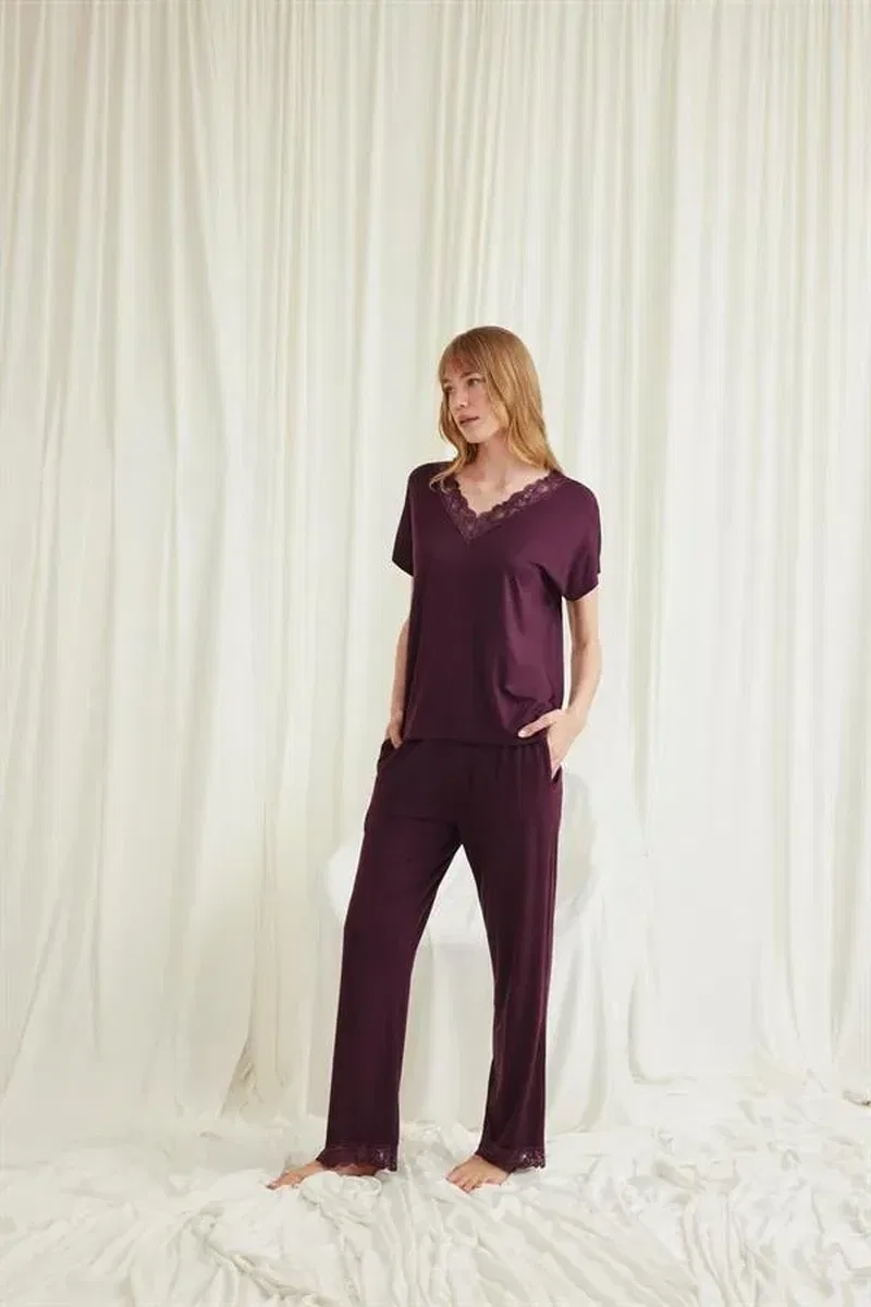 Kısa Kollu V Yakalı Dantelli Viskon Pijama Takımı görsel 2
