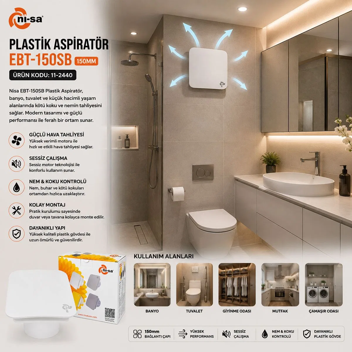 150 mm Plastik Banyo Havalandırma Aspiratörü 20W 320 m³/h görsel 4