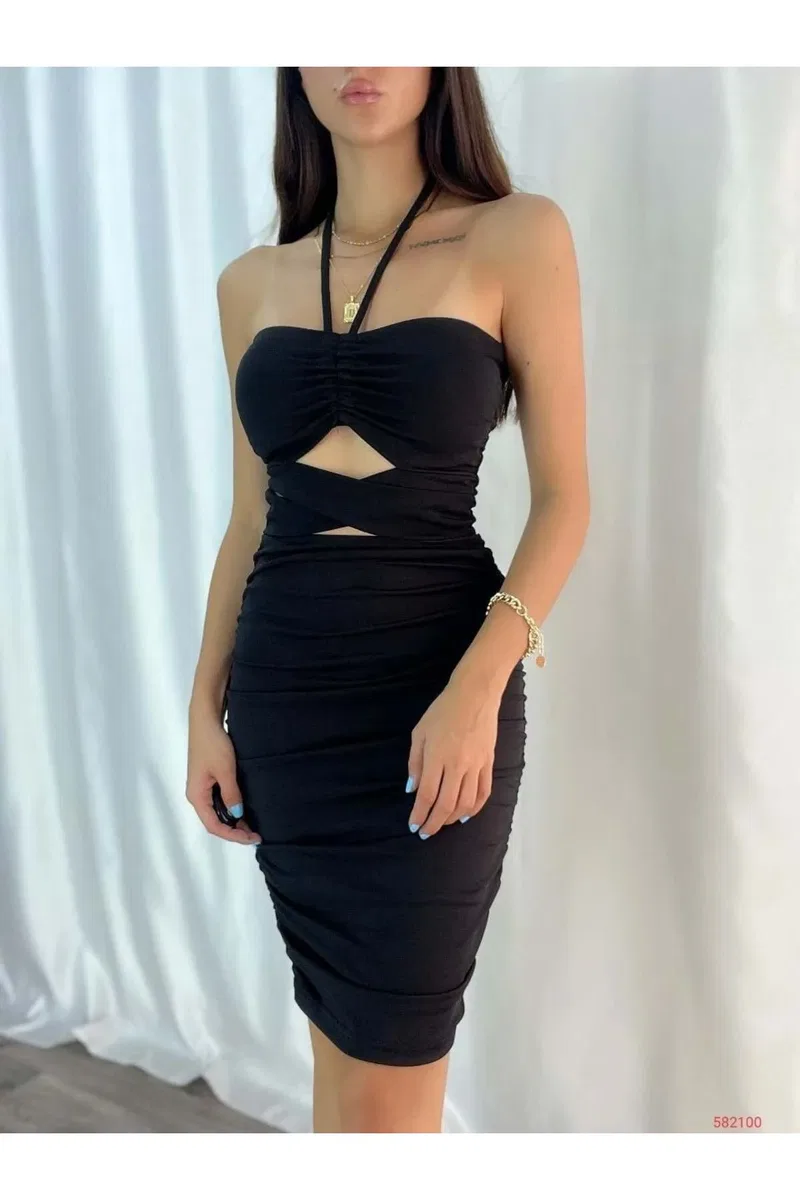 Kadın Trend Tasarım V Yaka Kolsuz Bodycon Mini Elbise görsel 7