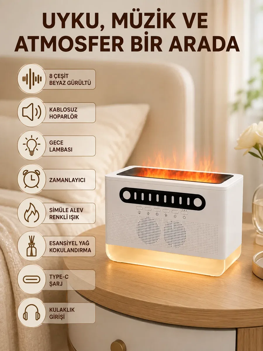 Type-C Şarjlı Kablosuz Hoparlör Beyaz Gürültü ve Atmosfer Işığı görsel 3