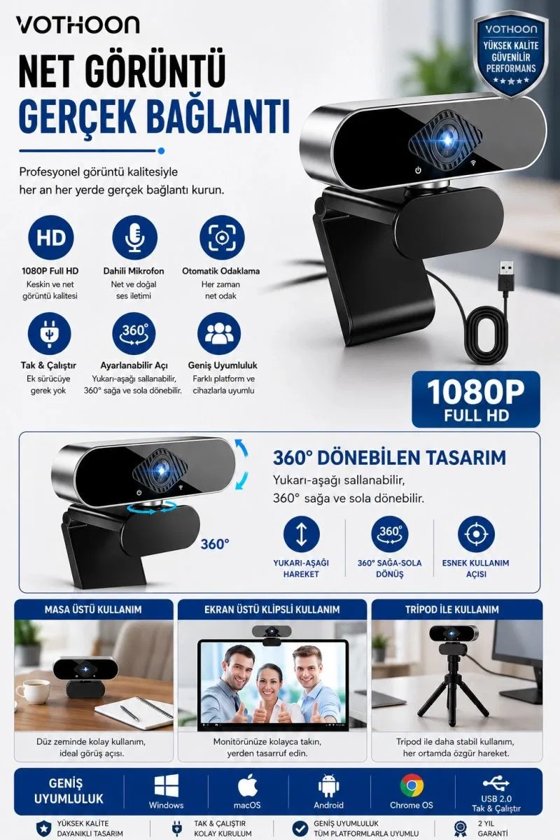 Webcam Orjınal 1080p Hd Konferans Kamera Dahili Mikrofon Görüntülü Sohbet Yayın Kamerası Hd Video Ae-104