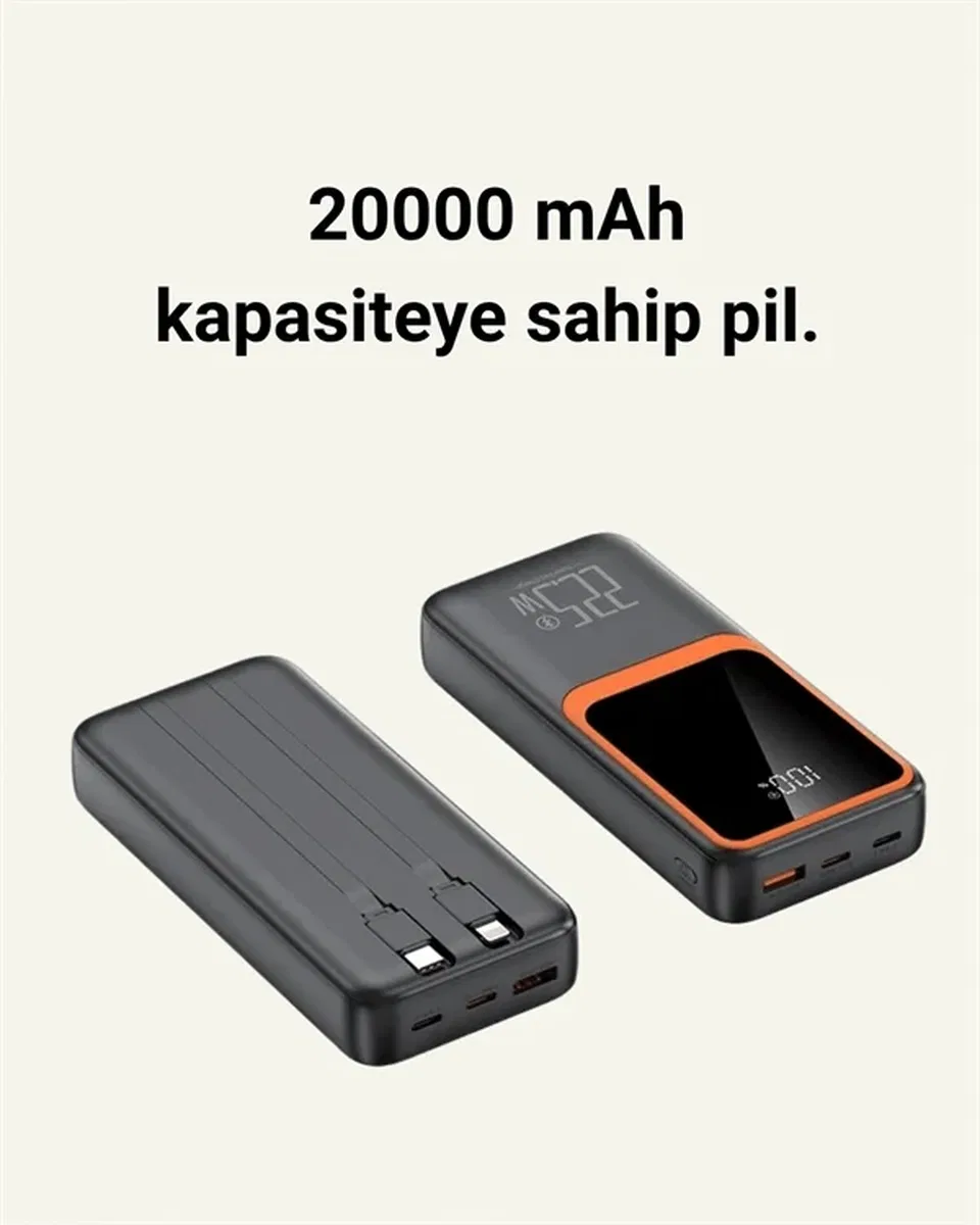 20000 mAh Taşınabilir Powerbank | Çok Kablolu, Hızlı Şarj Destekli (22. 5W)