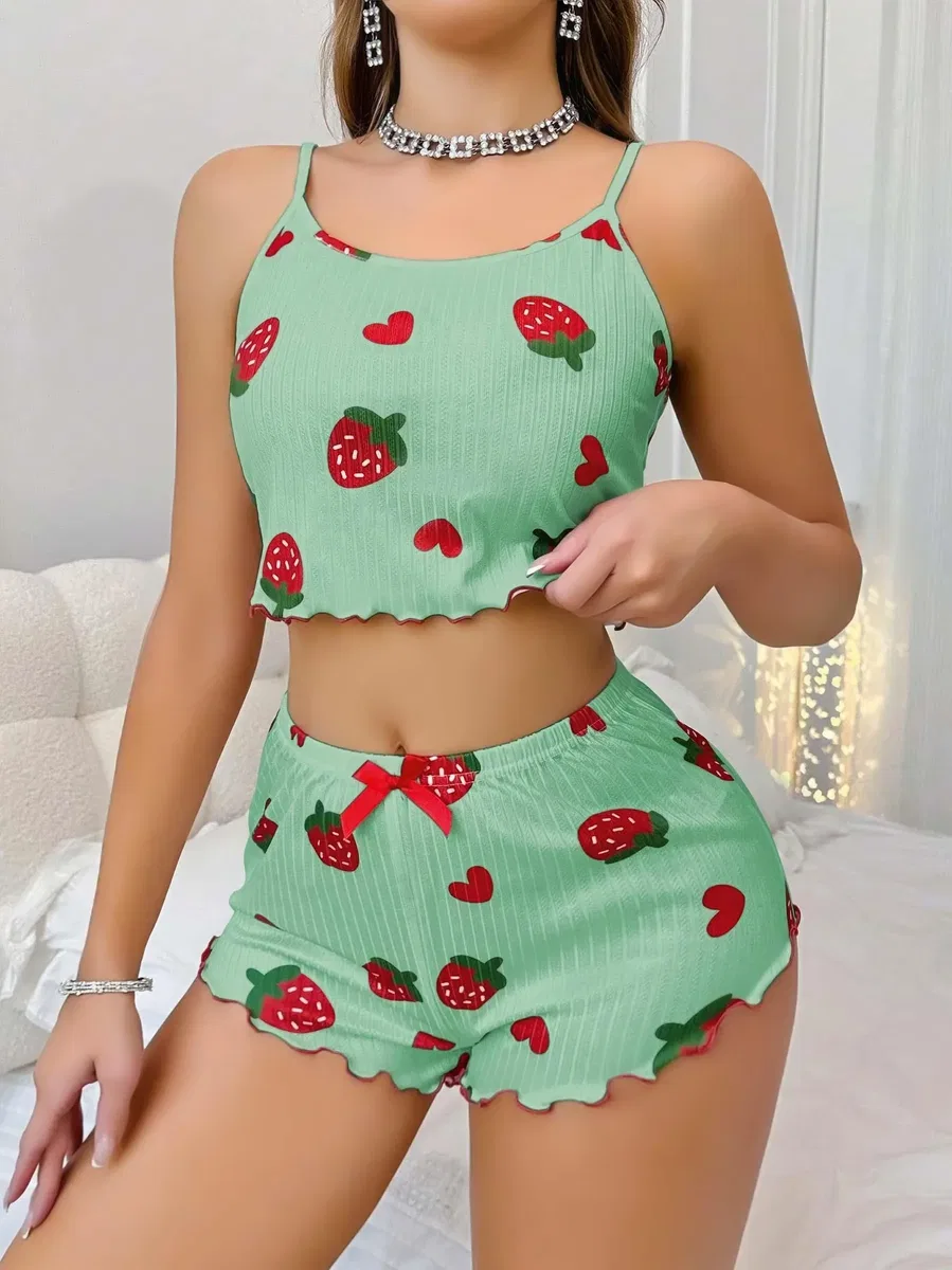 Kadın Yeşil Çilek desenli Şortlu Pijama Takımı 5060 görsel 2
