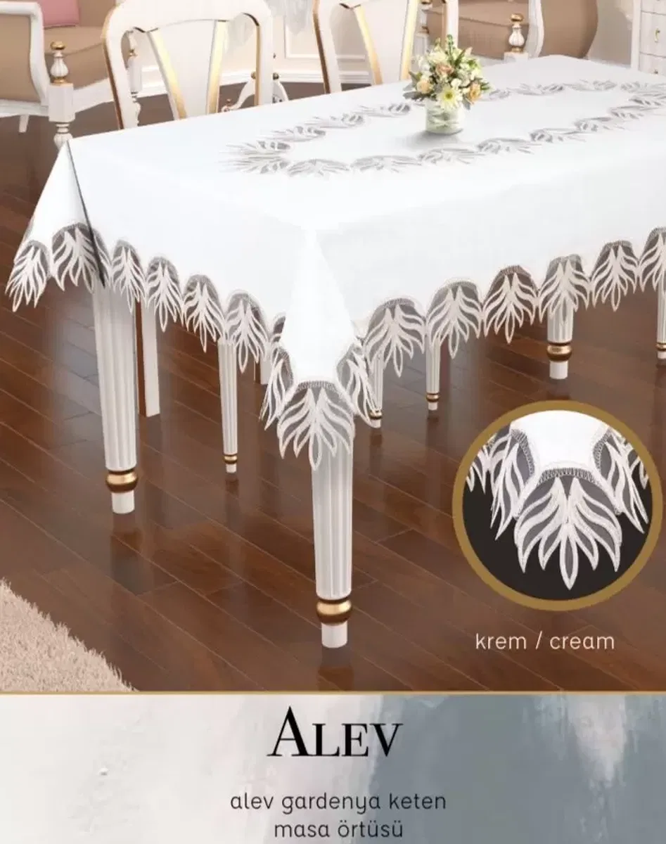 Gardenya Keten Tek Masa Örtüsü 140x180 cm Dantelli Yemek Masası Örtüsü Alev Model Krem görsel 8