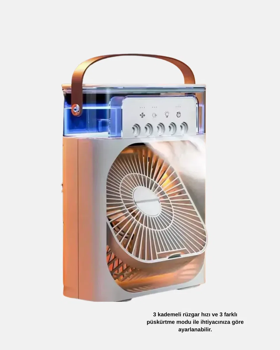 3’ü 1 Arada Mini Klima Fan USB Şarjlı, 7 Renk Gece Lambalı ve Nemlendirici görsel 3
