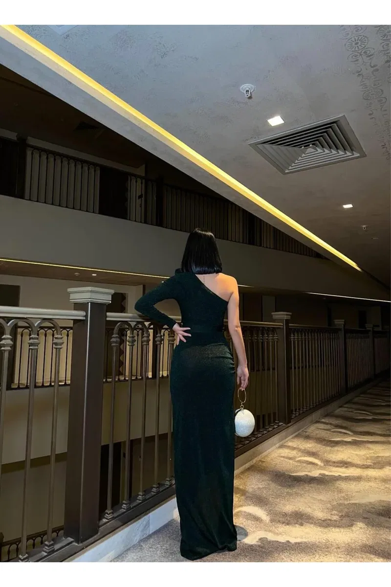 Kadın Trend Model Mezuniyet Elbisesi Tek Omuz Tek Kol Balık Kesim Abiye Elbise görsel 8