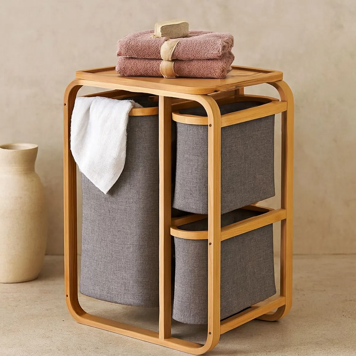 Ahşap Bambu 3 Bölmeli Çamaşır Sepeti 50x30x70 cm