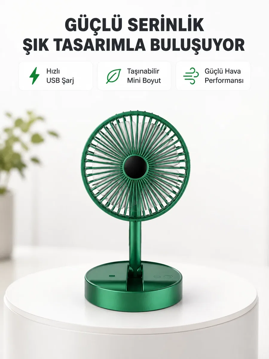 Katlanabilir Mini Fan – 3 Kademeli Soğutma, Şarjlı