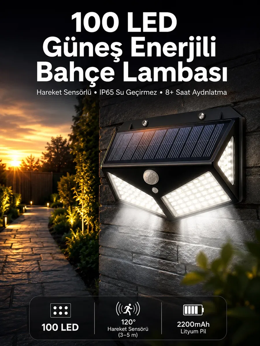 Solar Sensörlü Duvar Lambası Bahçe Lambası Parlak Beyaz Işık Suya Dayanıklı