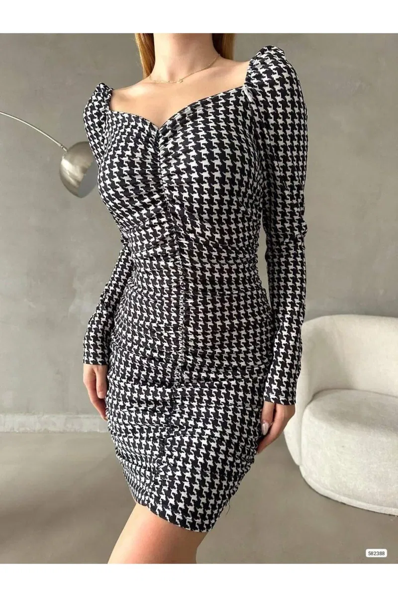 Kadın İnce İşçilik V Yaka Uzun Kol Desenli Slim Elbise görsel 3
