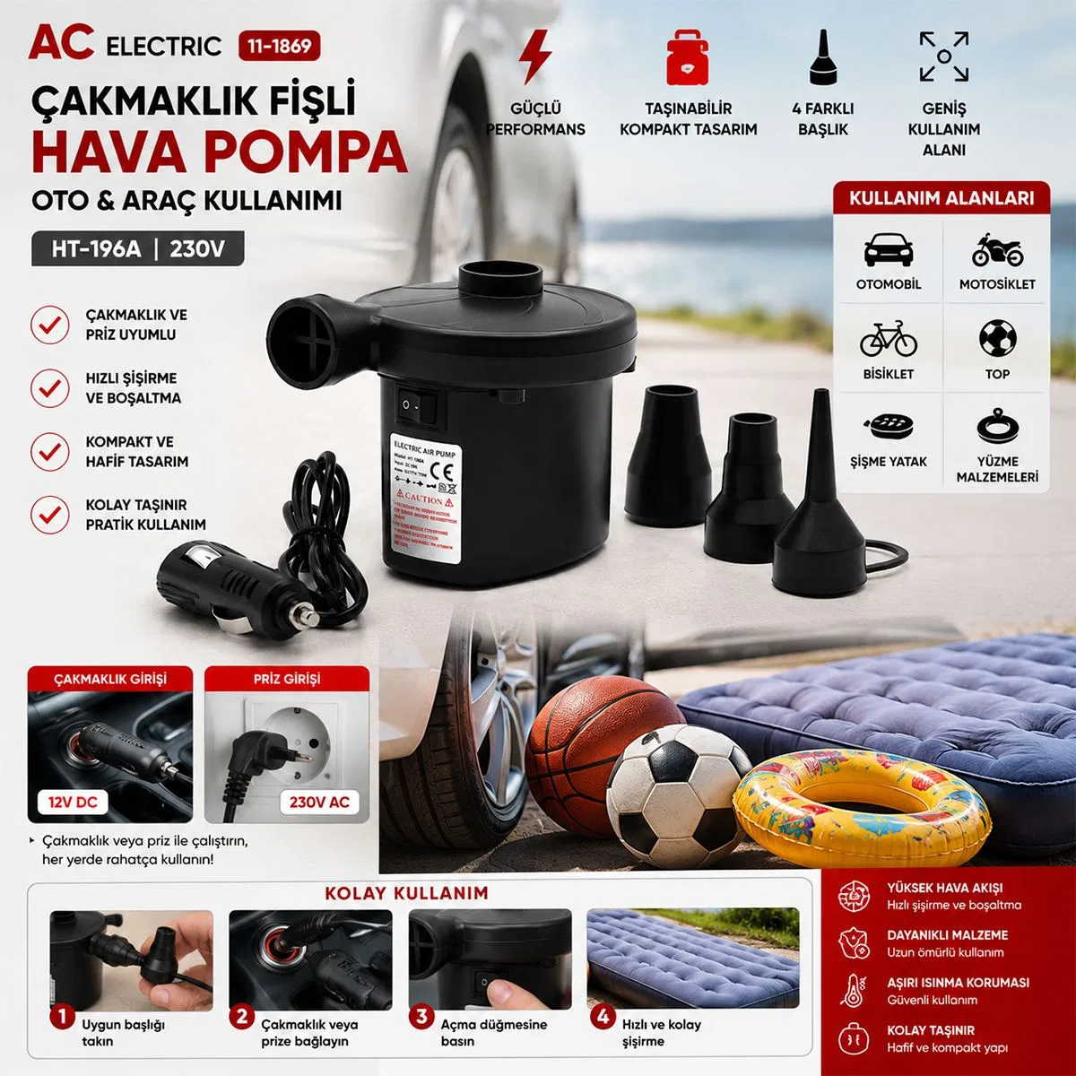 Taşınabilir Oto Hava Pompası 230V Çakmaklık Uyumlu görsel 3