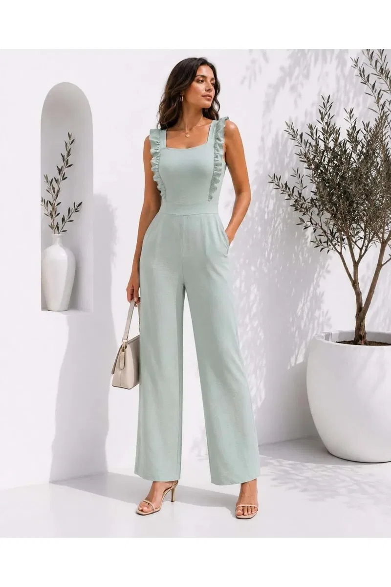 Kadın İnce Kare Yaka Kolsuz Renkli Wide Leg Tulum