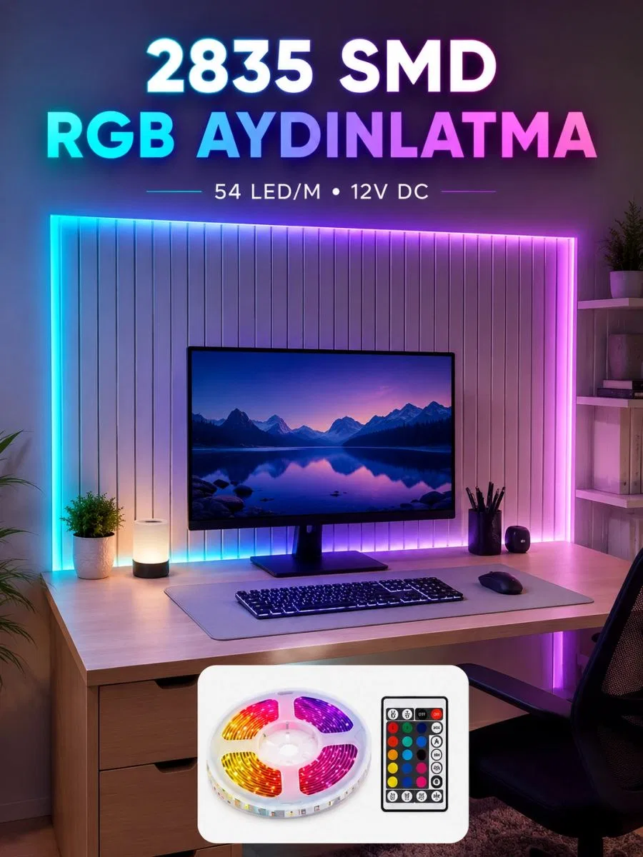 5m Rgb Şerit Led Seti 12v 2835 Smd Kumandalı Ev Oda Ve Dekoratif Ambiyans Aydınlatma