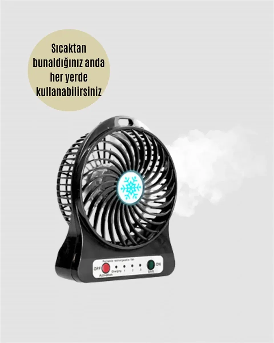 Şarjlı USB Fan – Masaüstü Mini Vantilatör, Taşınabilir, Işıklı, 3 Kademeli, Sessiz görsel 5