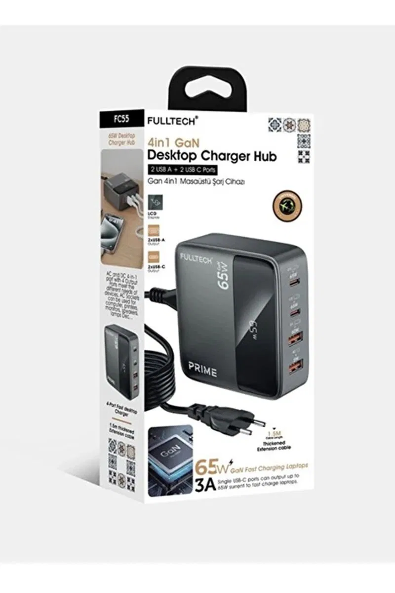 65w Masaüstü 4 Portlu Hızlı Şarj Cihazı İstasyonu 2xusb-a, 2xtype-c Giriş, 1, 5 Mt. Kablo görsel 5