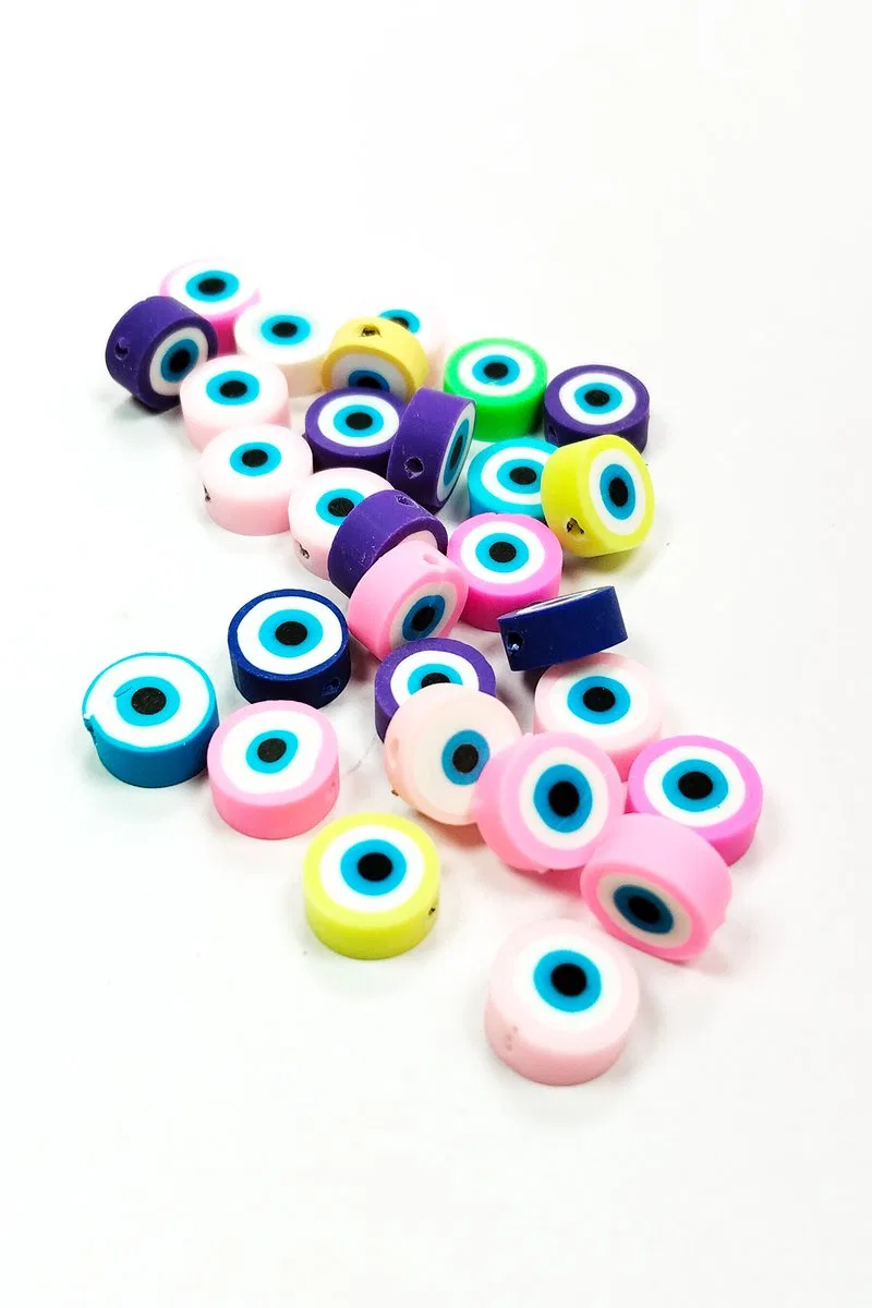 90 Adet 10 mm Polimer Kil Fimo Boncuk Takı Bileklik + 5 Metre Misina Hediye - Smile - Nazar - Love görsel 3