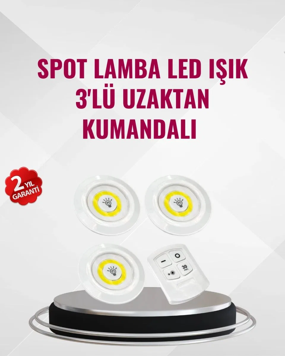 3 Lü Pilli Kablosuz Led Spot Lamba Seti Kumandalı Kolay Montaj Aydınlatma