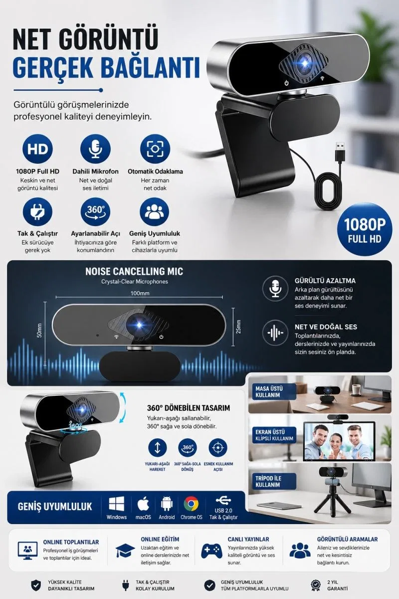 Webcam Orjınal 1080p Hd Konferans Kamera Dahili Mikrofon Görüntülü Sohbet Yayın Kamerası Hd Video Ae-104 görsel 2