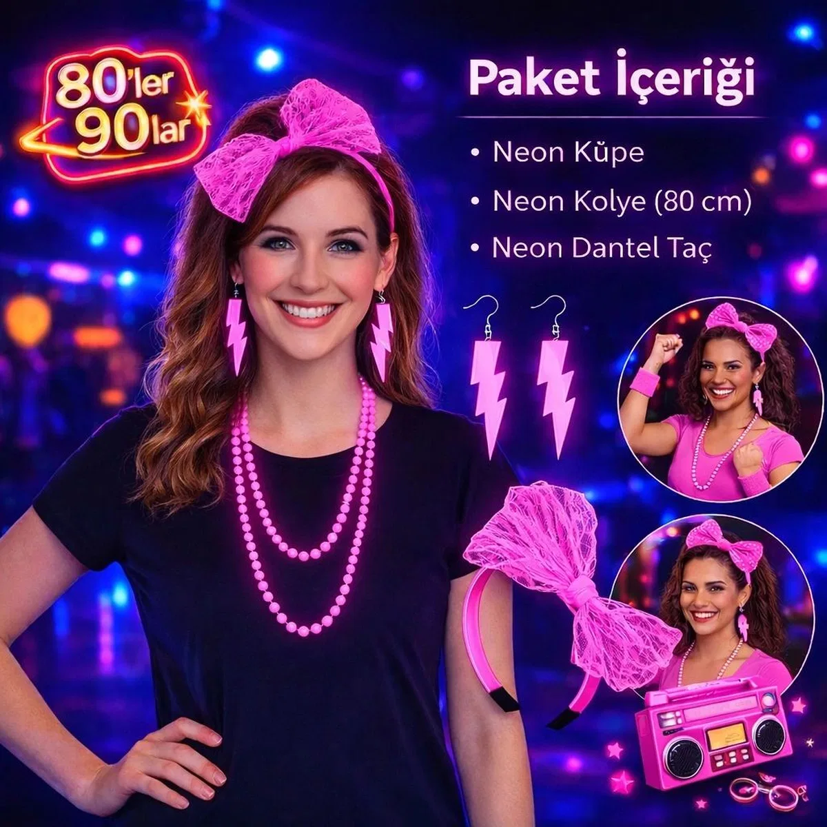 80’ler 90’lar Neon Pembe Parti Seti – Kolye Küpe Taç görsel 4