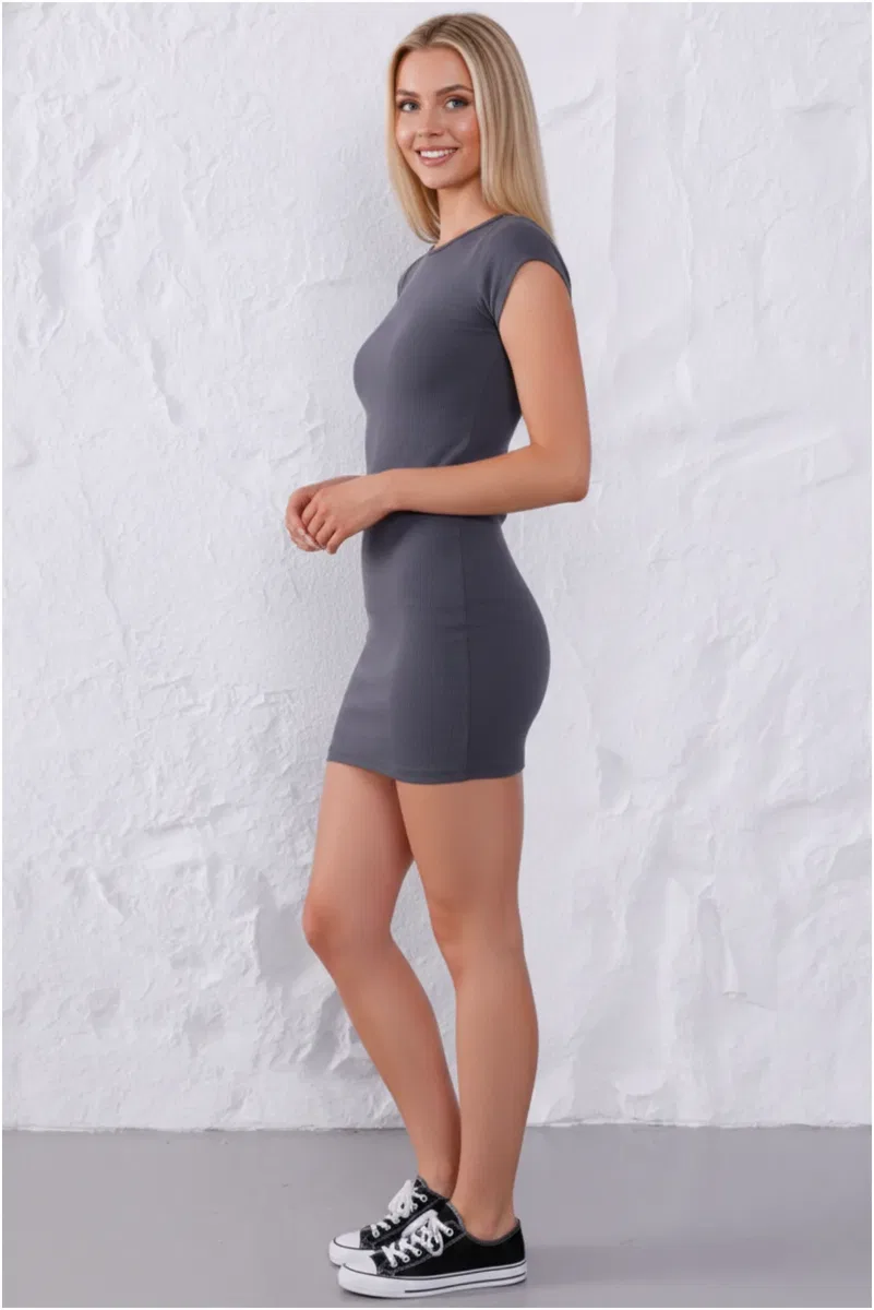 Kadın Şık Bordo Bisiklet Yaka %95 Pamuklu Fitilli Likralı Kaşkorse Slim Fit Basic Mini Elbise görsel 6
