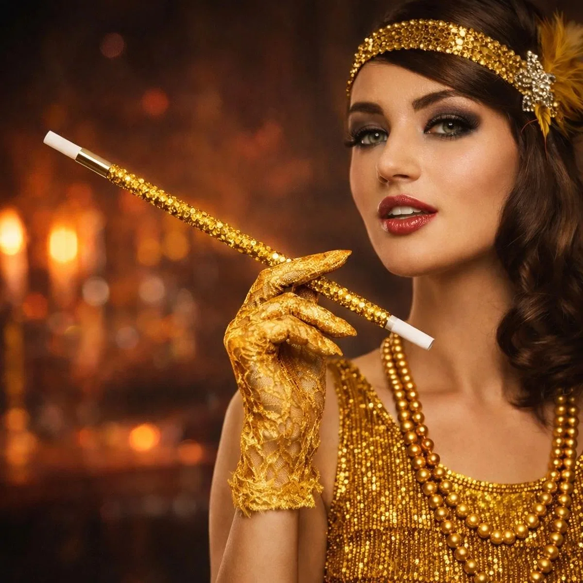 30 Cm Altın Gold Payetli Tutacağı – 1920’ler Gatsby Parti Aksesuarı görsel 3