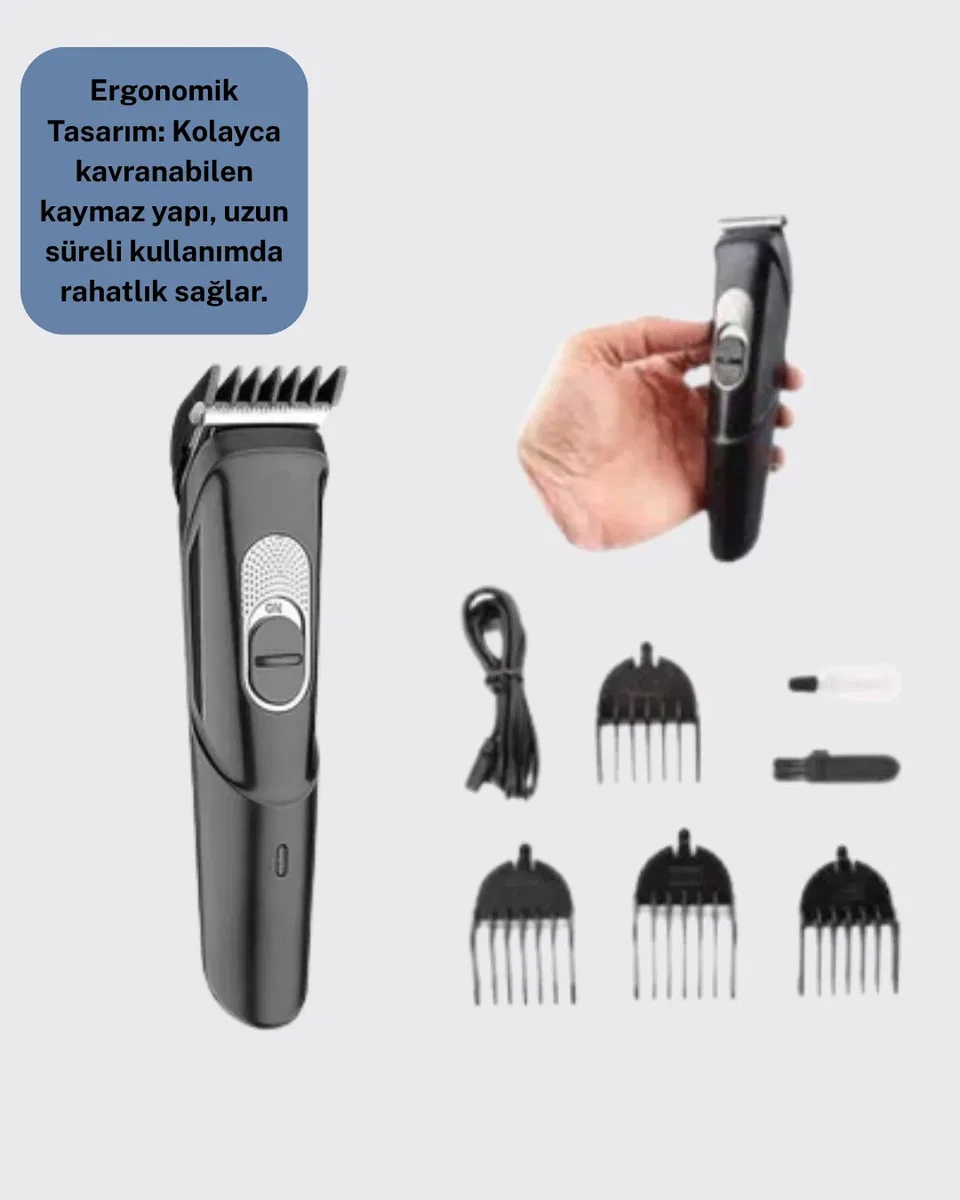 Kablosuz, Paslanmaz Çelik Bıçaklı Profesyonel Saç ve Sakal Tıraş Makinesi – Sessiz, Güçlü ve Ergonomik görsel 4