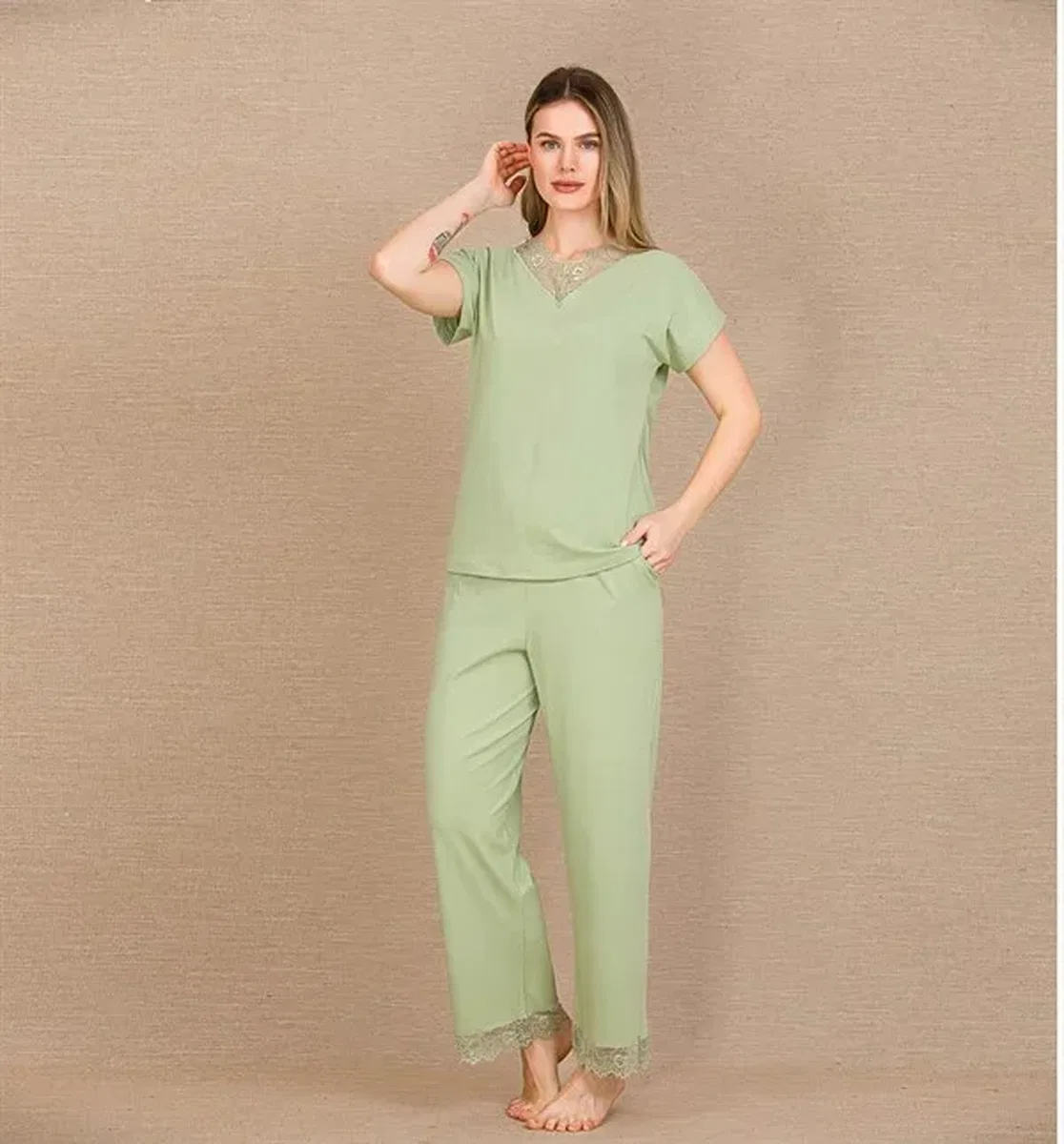 Pamuklu Şık Tasarım Dantel İşlemeli Yeşil Kısa Kol Pijama Takımı görsel 2