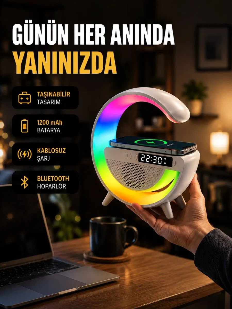 Kablosuz Şarjlı Led Masa Lambası Çalar Saat Ve Beyaz Gürültü Özellikli