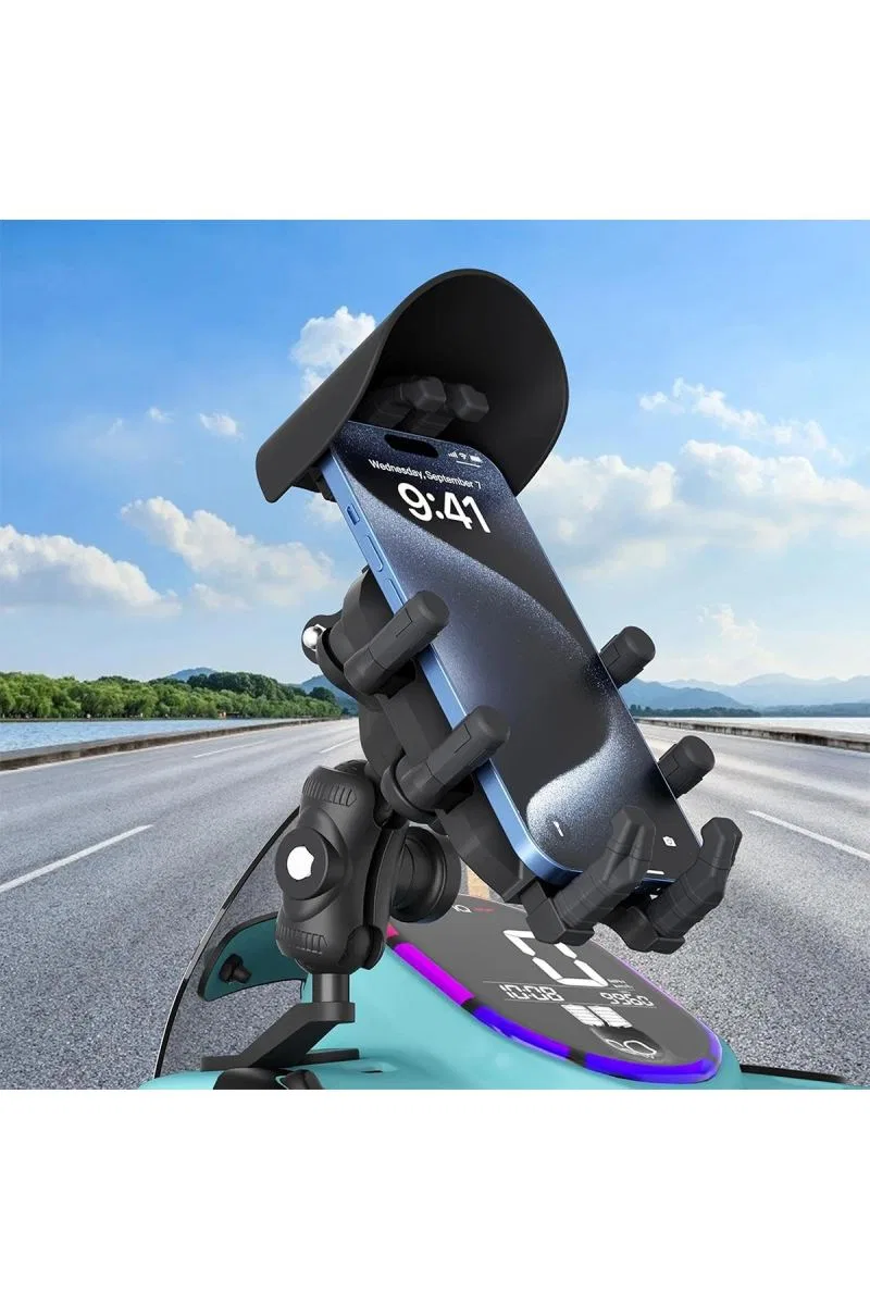 Ayna Bağlantılı Güneş Ve Yağmur Korumalı 360° Derece Ayarlanabilir Motosiklet Telefon Tutucu görsel 4