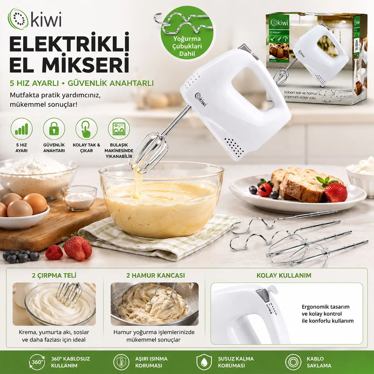 Elektrikli El Mikser 5 Kademe Hız - 2 Metal Çırpıcı & 2 Hamur Kancası görsel 2