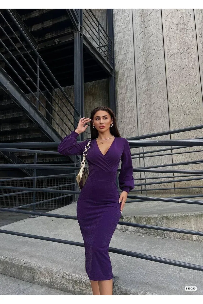 Kadın Şık Model Kruvaze Uzun Kol Midi Elbise