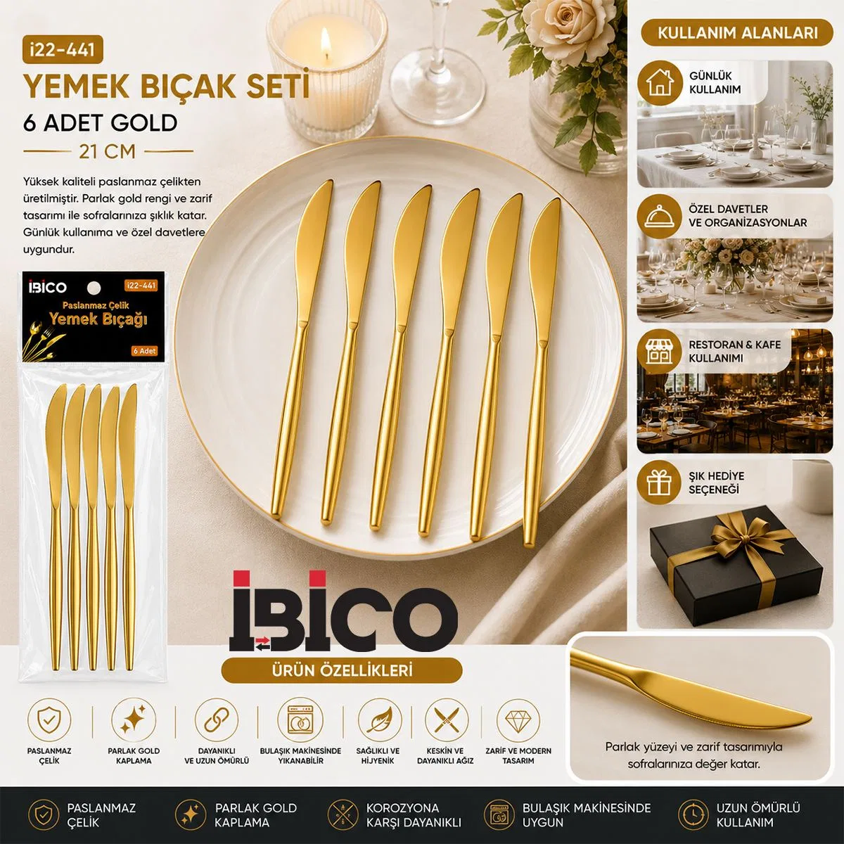 Gold kaplamalı yemek bıçağı görsel 2
