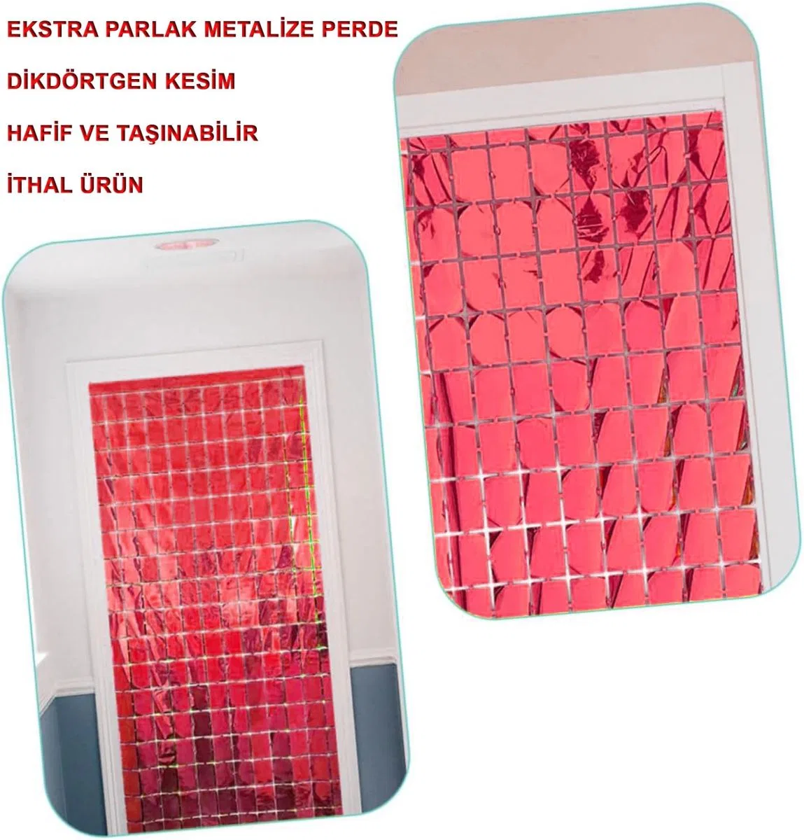 Ekstra Metalize Kırmızı Renk Disko Dikdörtgen Kesim Kapı Perdesi Dekorasyon 1x2 Metre görsel 2
