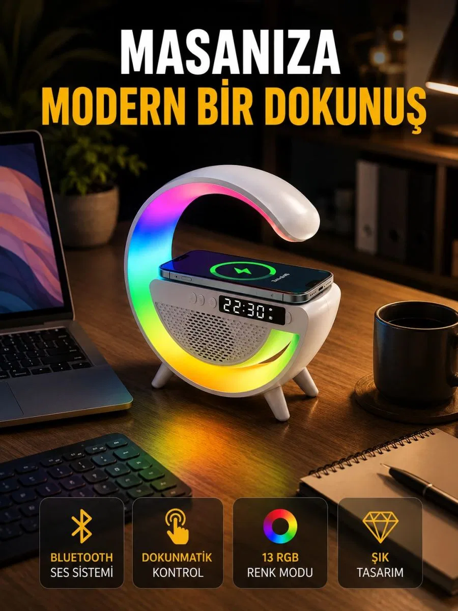 13 Renk Seçenekli Kablosuz Şarj Cihazlı Led Lamba