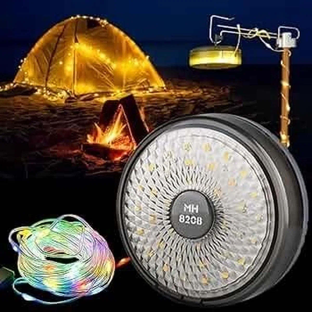 Şarjlı 10 Metre Ledli Şarj Göstergeli 8 Işık Modlu Hareketli Ve Flaşör Modlu Kamp Lambası Led Işık