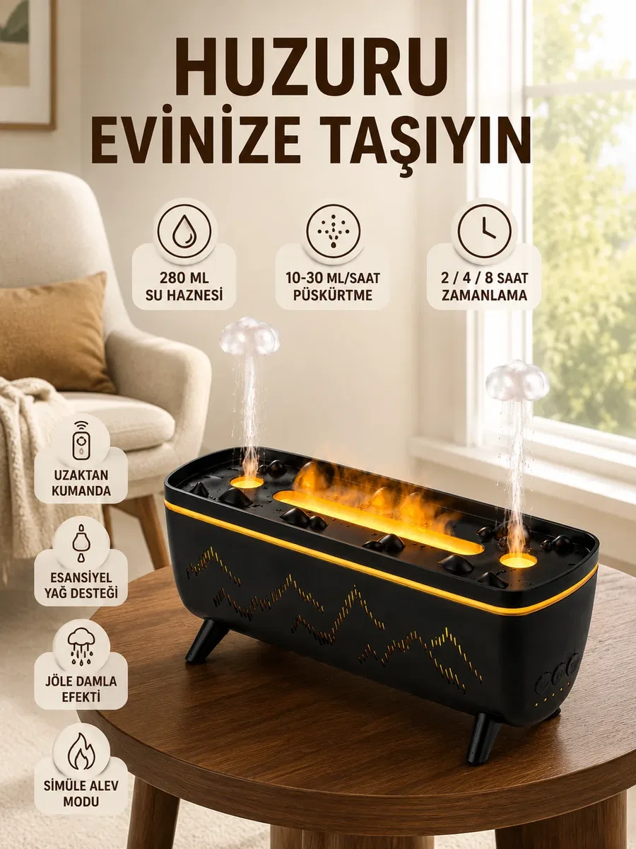 Jöle Yağmur Efektli Hava Nemlendirici 280 ML Aromaterapi Difüzörü Alev Efektli görsel 3