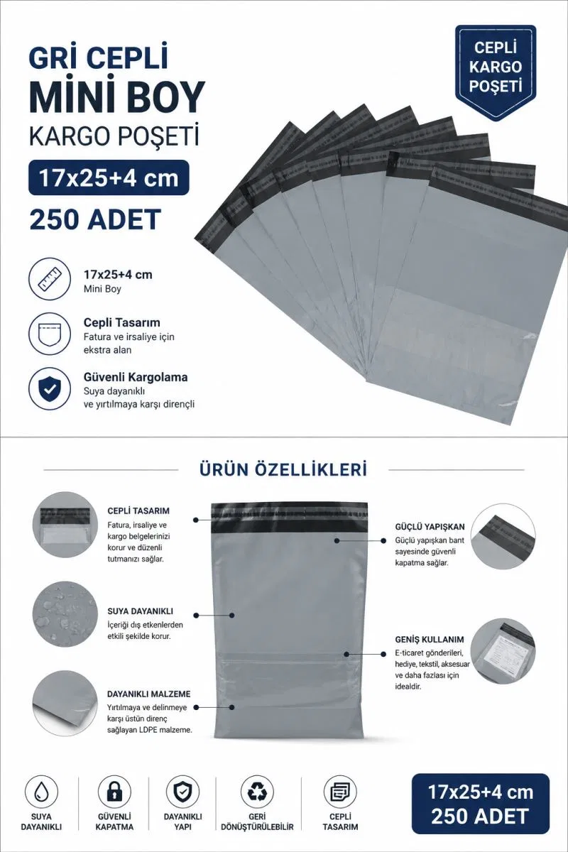 Gri Cepli Mini Boy Kargo Poşeti 17x25+4 Cm 250 Adet görsel 2