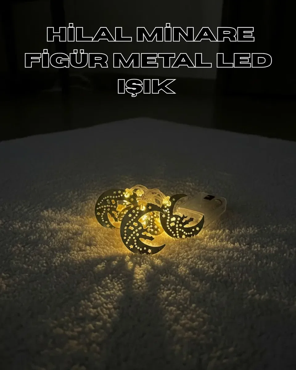 Gold Renk Metal Minareli Hilal LED Işık Pilli Ramazan Süsü