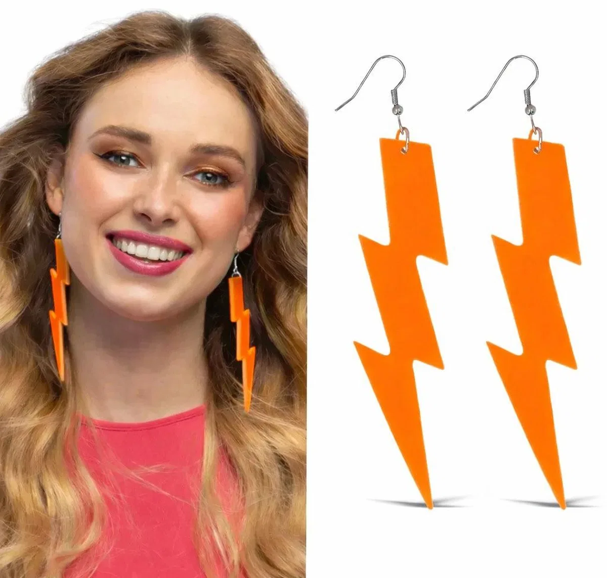 80’ler 9039lar Retro Neon Turuncu Şimşek Küpe 10 Cm görsel 5
