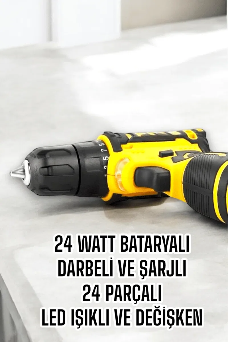 Çift Bataryalı Metal Dişli Darbeli Şarjlı Matkap Seti 24W Güç ve 24 Parça Aksesuar görsel 4