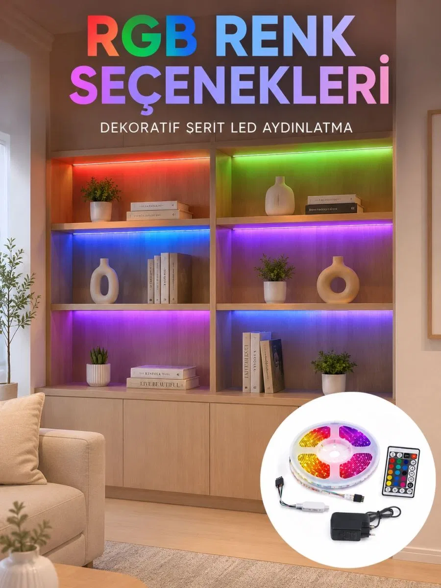 5 Metre Kumandalı Rgb Led Şerit 2835 Smd Dekoratif Tv Oda Masa Arkası Aydınlatma