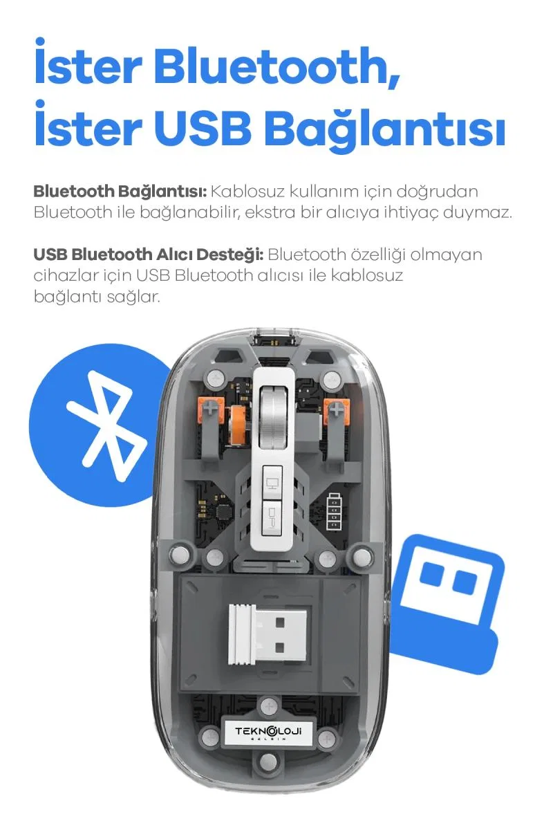 Bluetooth Usb Çift Modlu Sessiz Mouse, Şeffaf Mıknatıslı Kapaklı, Type-c Şarjlı, Dpı Ayarlı, Kablosuz 10m Çekim Mesafeli, Masaüstü Kısayol Tuşlu, Taşınabilir Şarjlı Mouse Beyaz görsel 5