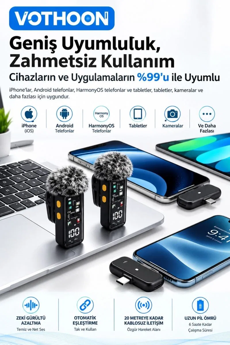 Yüksek Kalite Kablosuz Yaka Mikrofonu – Type-c Lightning Uyumlu Profesyonel Anc Özellikli görsel 2