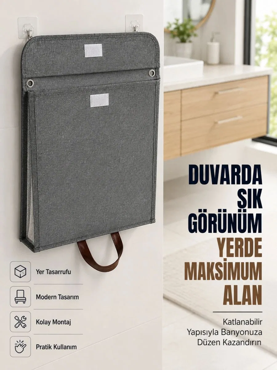 Katlanır Duvar Askılı Çamaşır Sepeti Geniş İç Hacimli Banyo Düzenleyici