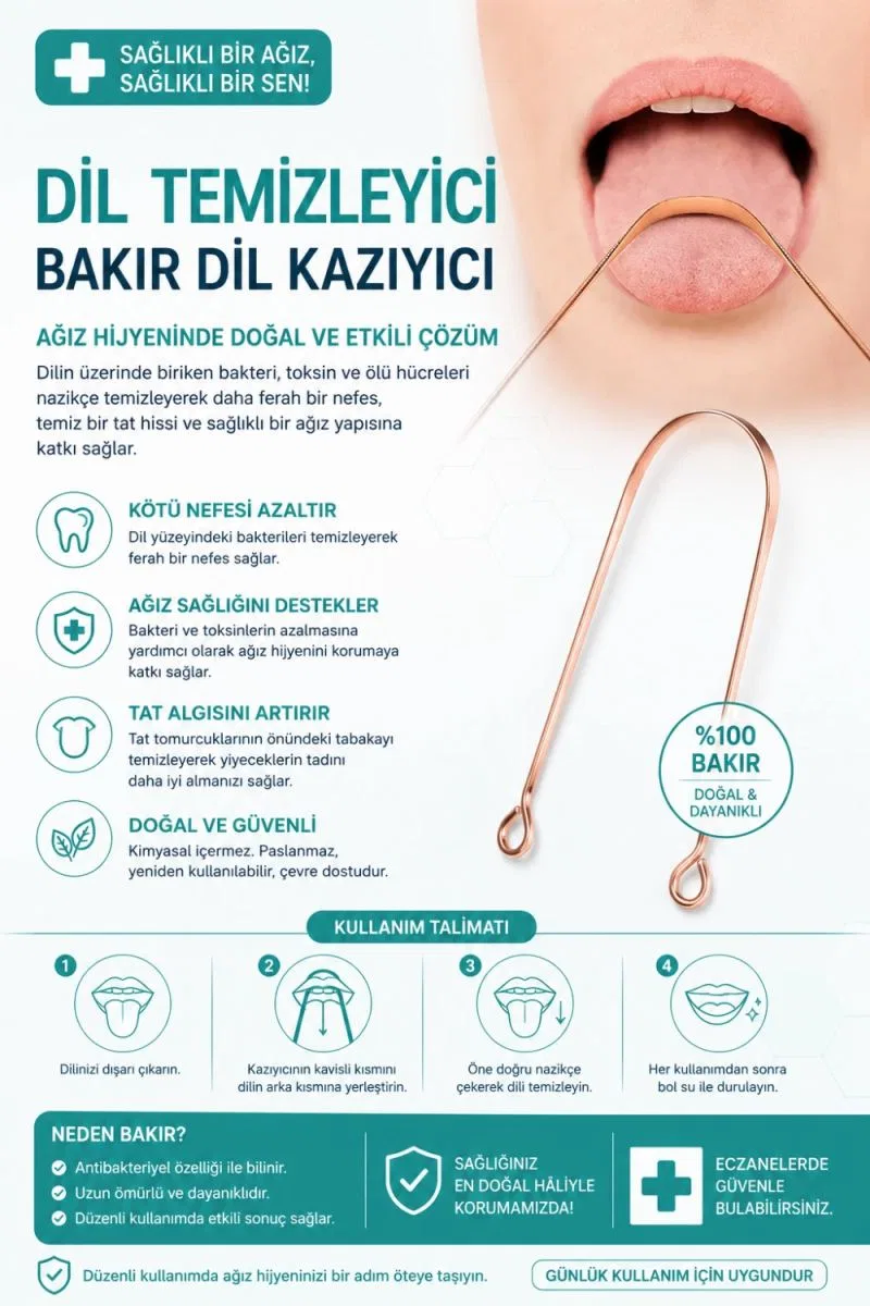 Bakır Dil Temizleme Aparatı – Dil Temizleyici – Ağız Bakım Aparatı – Dil Kazıyıcı – Metal Dil Temizleme Ekipmanı görsel 2