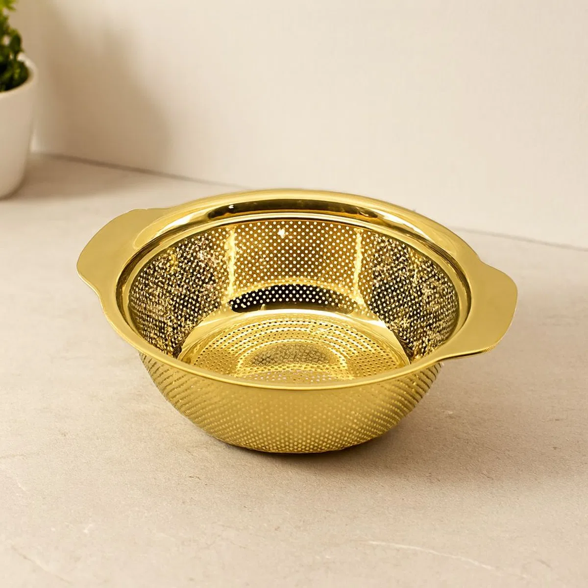 Paslanmaz Süzgeç 23 cm - Sepetli Gold Tutma Kulplu
