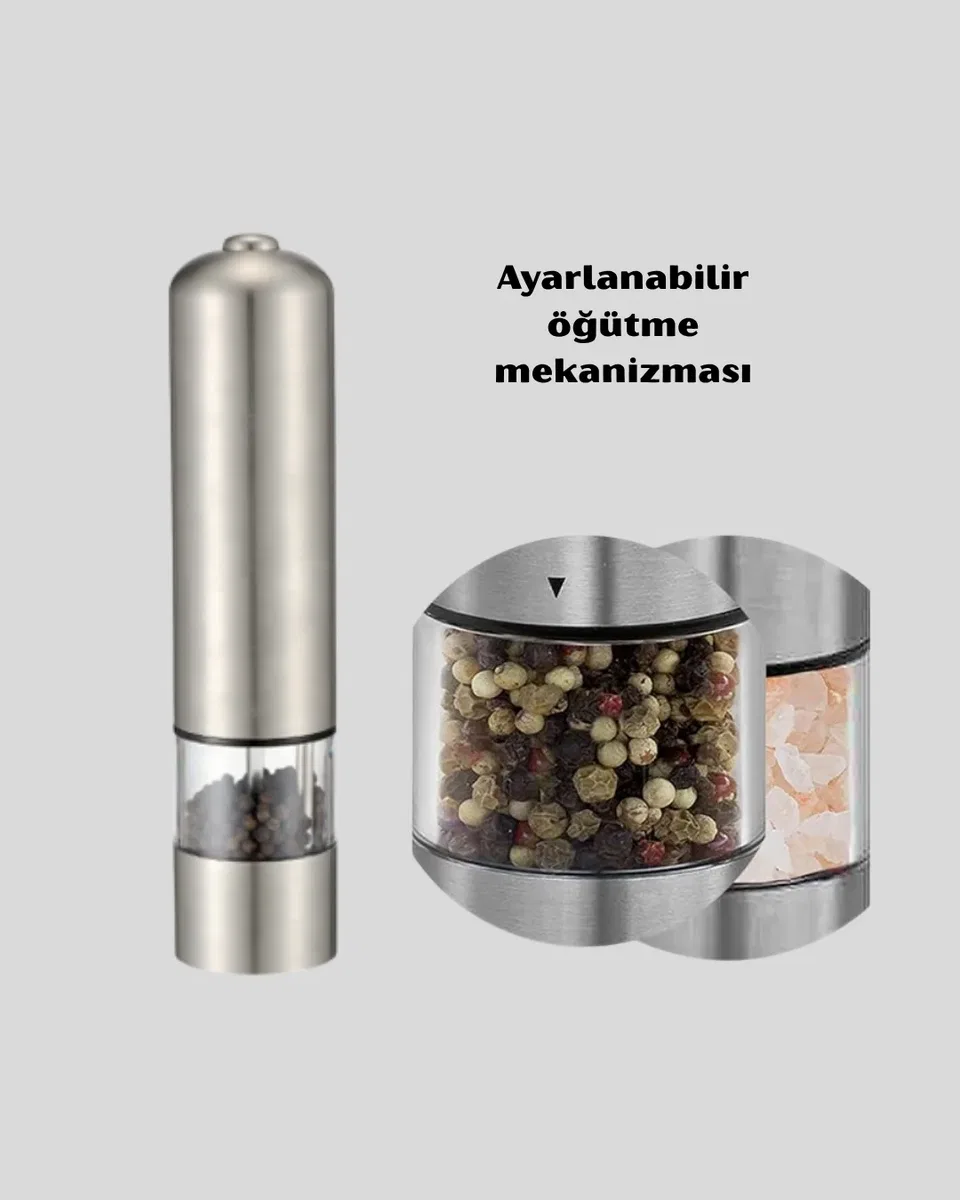 Modern Otomatik Baharat Öğütücü Seti – Pilli, Paslanmaz Çelik, LED Aydınlatmalı görsel 4