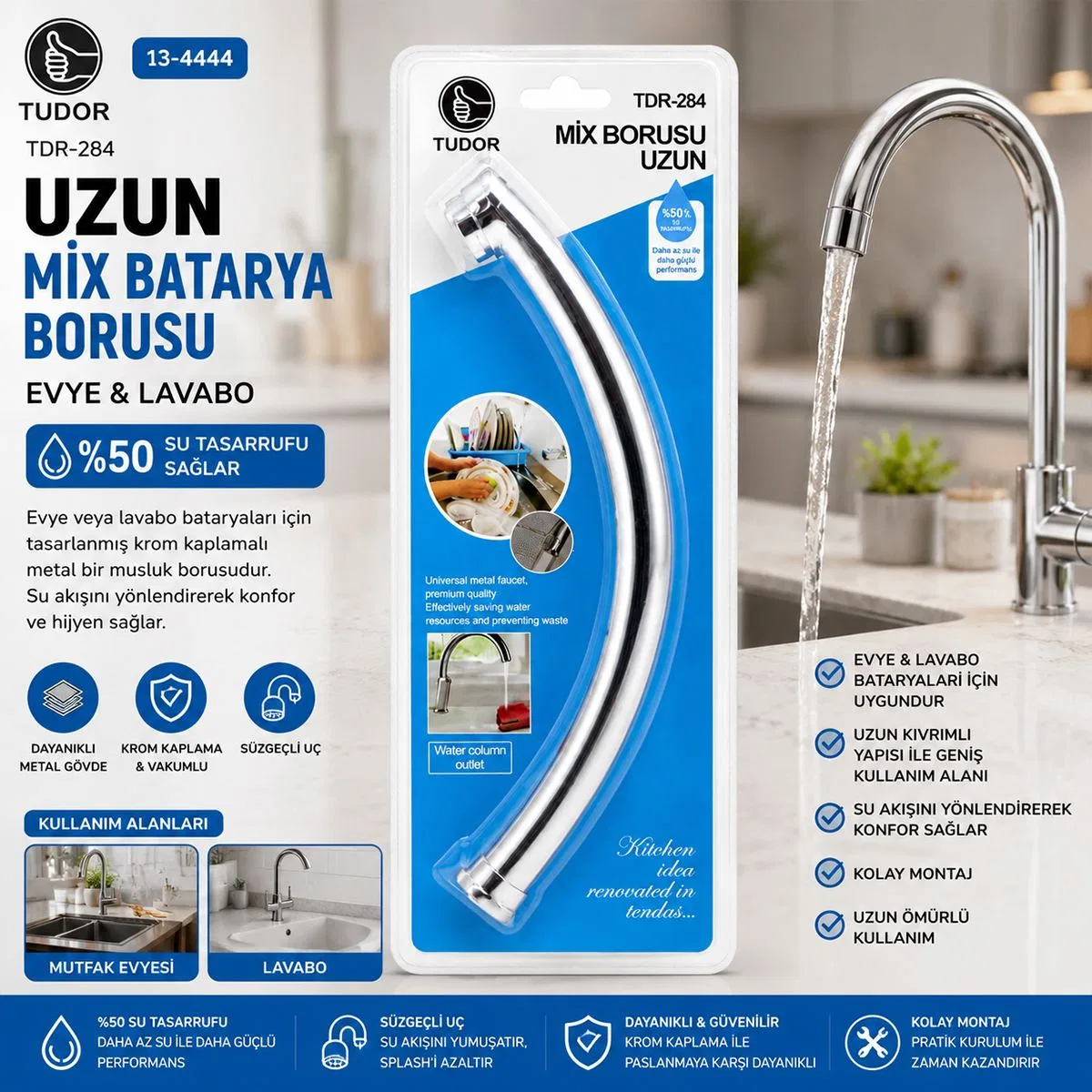 Uzun Mix Batarya Borusu (Evye ve Lavabo) - Krom Süzgeçli Uç görsel 2