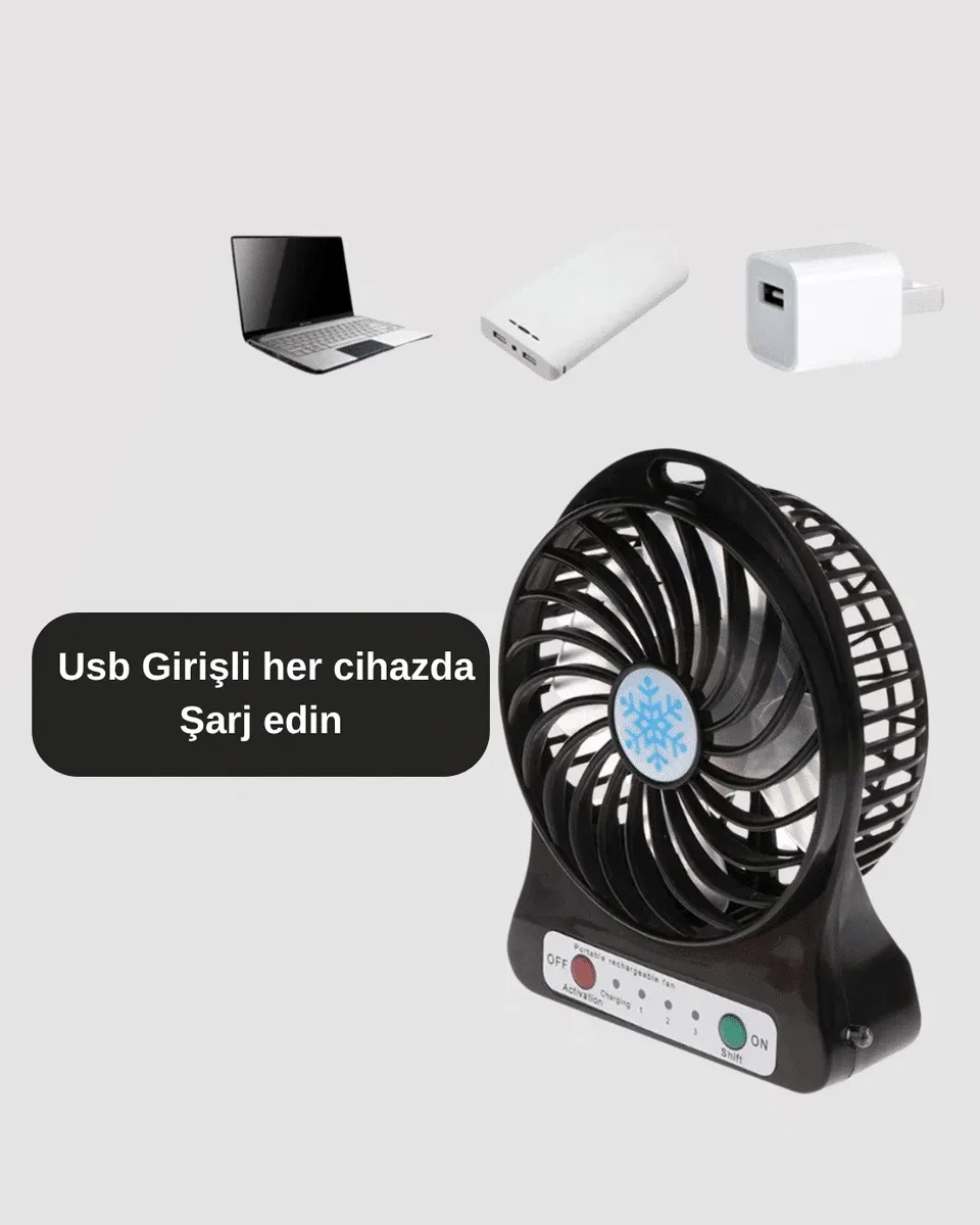 Mini Vantilatör Masaüstü – USB Girişli, Şarjlı, 3 Kademe, Sessiz Motor, Işıklı görsel 2