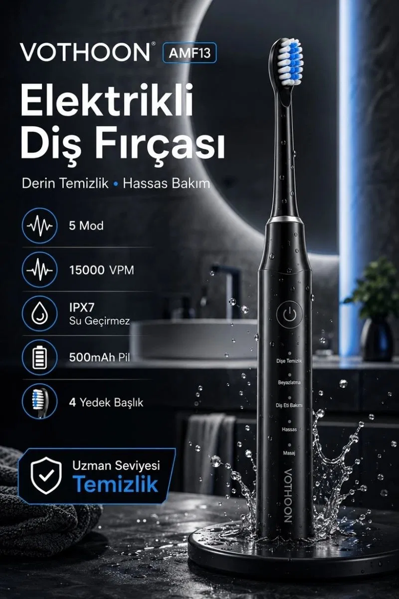 Şarjlı Diş Fırçası 15000 Vpm Titreşim Gücü, 500mah Batarya, 5 Temizlik Modu Siyah görsel 3